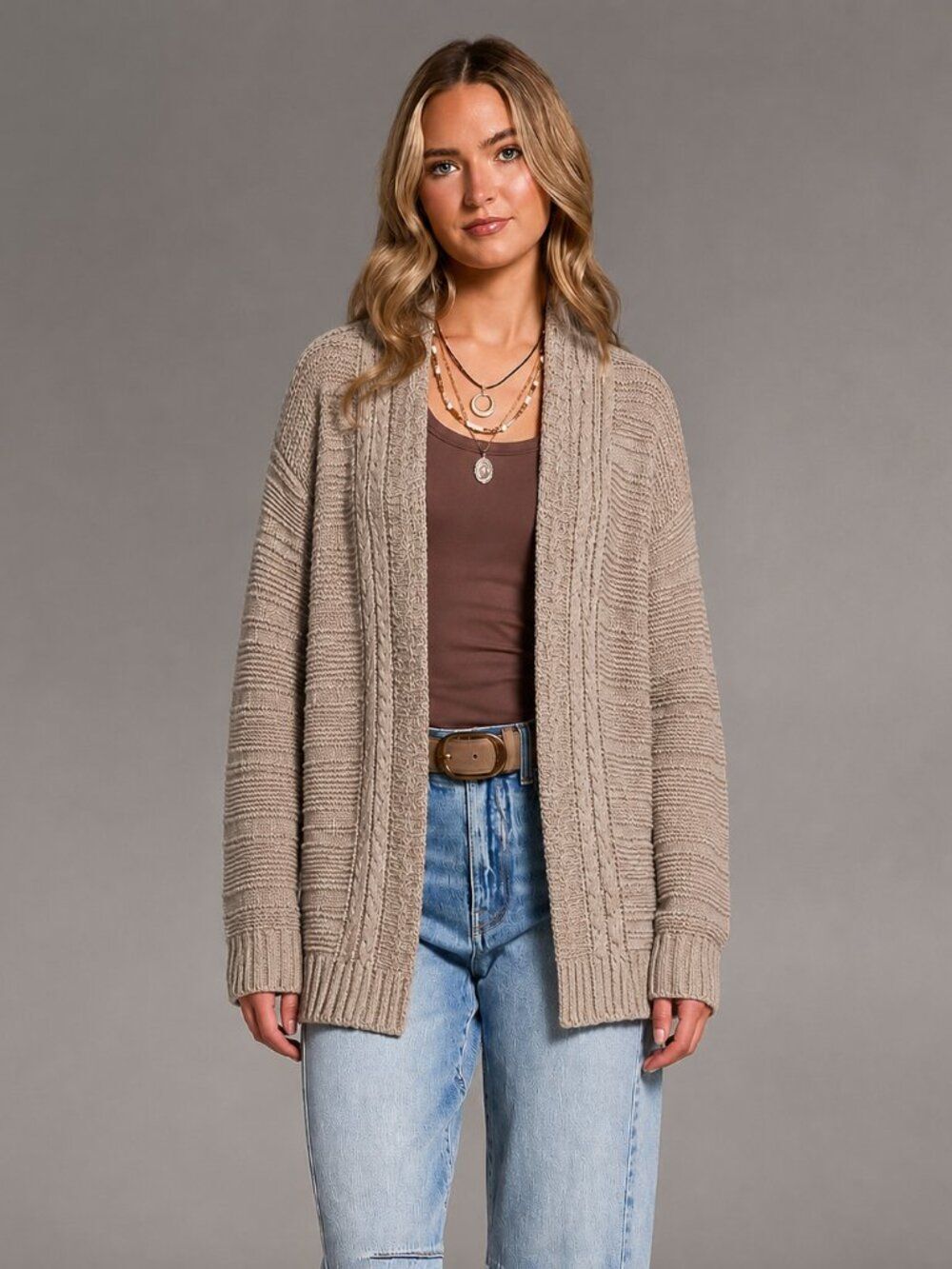 Ann Taylor Womens Small Taupe Metallic Open Front Cardigan Sweater Office Core